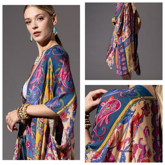 Colorful Floral Paisley & Geometric Print Kimono - Soft & Silky - Lightweight - Picture 1 of 8